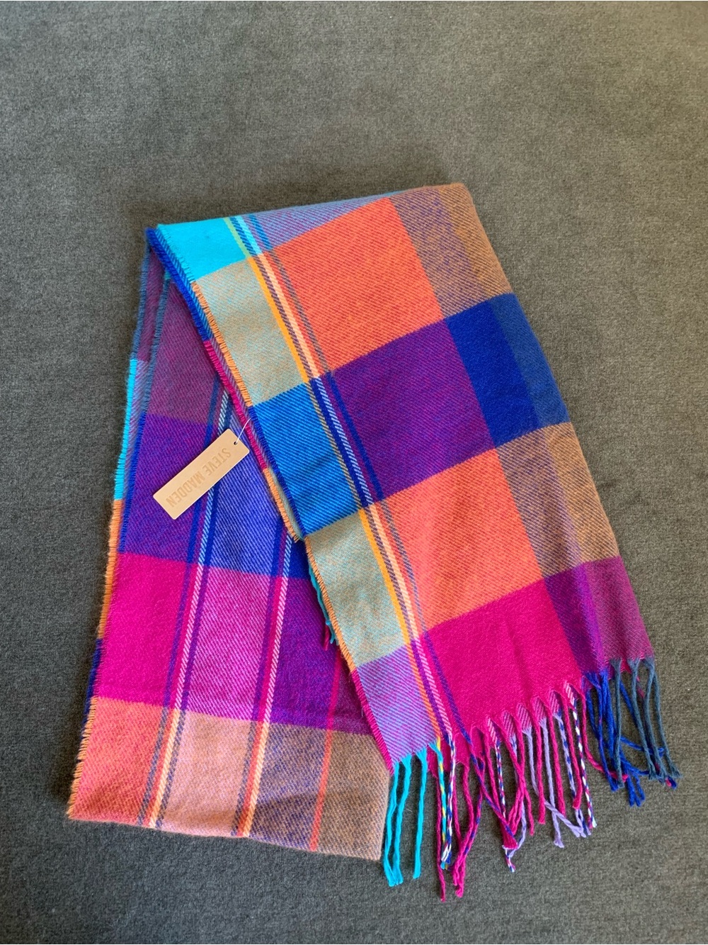 Steve Madden Women's Plaid Scarf Wrap Vibrant Rainbow Multicolor Twist Fringe